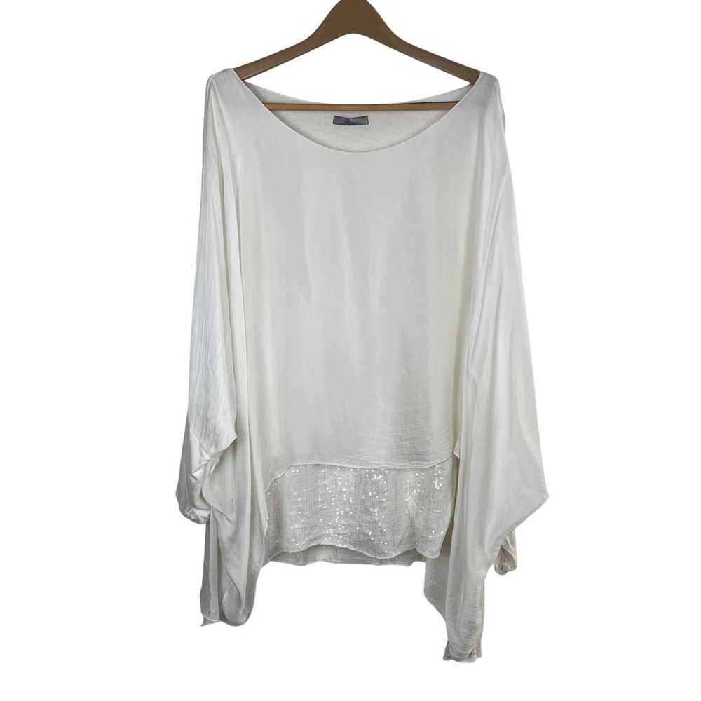 Baci Italy Silk Blend Poncho Top Ivory Sequin Layered Batwing Blouse OS